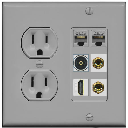 RiteAV 1 Speaker 2 Banana Binding Post Wall Plate 2 Cat6 1 x Toslink Optical and HDMI - Round Outlet [Gray/Gray]