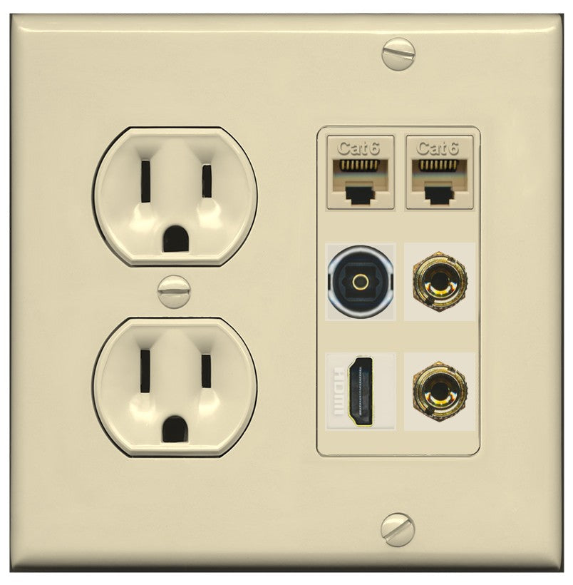 RiteAV 1 Speaker 2 Banana Binding Post Wall Plate 2 Cat6 1 x Toslink Optical and HDMI - Round Outlet [Ivory/Ivory]