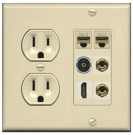 RiteAV 1 Speaker 2 Banana Binding Post Wall Plate 2 Cat6 1 x Toslink Optical and HDMI - Round Outlet [Ivory/Ivory]