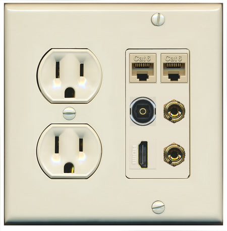 RiteAV 1 Speaker 2 Banana Binding Post Wall Plate 2 Cat6 1 x Toslink Optical and HDMI - Round Outlet [Light-Almond]