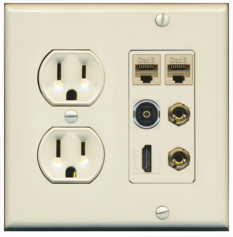 RiteAV 1 Speaker 2 Banana Binding Post Wall Plate 2 Cat6 1 x Toslink Optical and HDMI - Round Outlet [Light-Almond]
