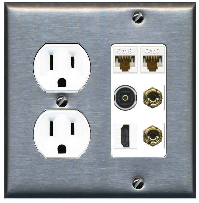 RiteAV 1 Speaker 2 Banana Binding Post Wall Plate 2 Cat6 1 x Toslink Optical and HDMI - Round Outlet [Stainless/White]
