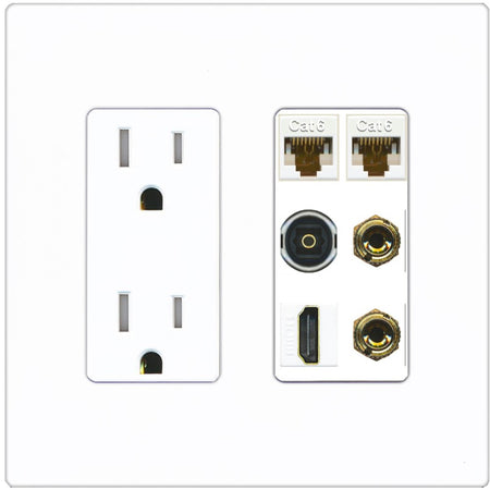 RiteAV 1 Speaker 2 Banana Binding Post Wall Plate 2 Cat6 1 x Toslink Optical and HDMI - Tamper-Resistant Outlet [Screwless White]