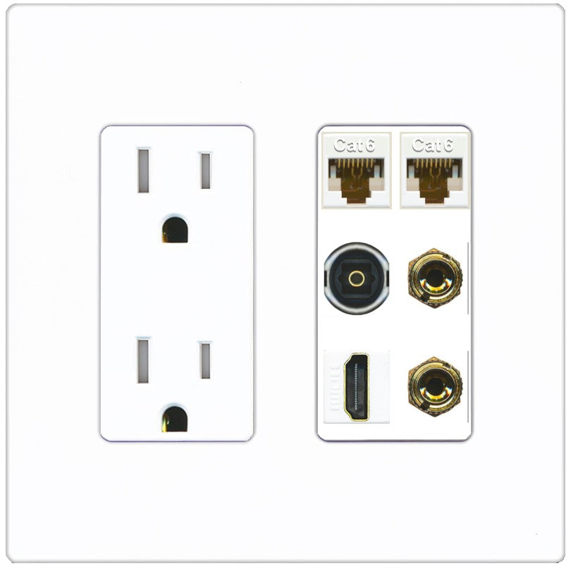 RiteAV 1 Speaker 2 Banana Binding Post Wall Plate 2 Cat6 1 x Toslink Optical and HDMI - Tamper-Resistant Outlet [Screwless White]