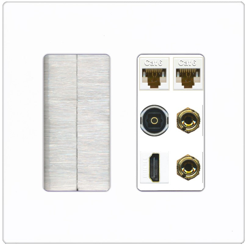 RiteAV 1 Speaker 2 Banana Binding Post Wall Plate 2 Cat6 1 x Toslink Optical and HDMI - Brush [Screwless White]