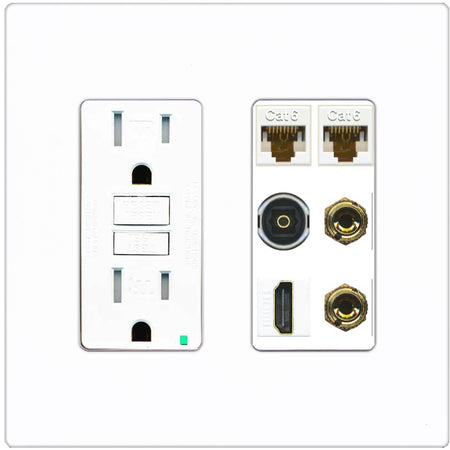 RiteAV 1 Speaker 2 Banana Binding Post Wall Plate 2 Cat6 1 x Toslink Optical and HDMI - GFCI Outlet [Screwless White]