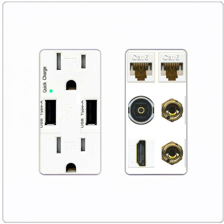 RiteAV 1 Speaker 2 Banana Binding Post Wall Plate 2 Cat6 1 x Toslink Optical and HDMI - USB Outlet [Screwless White]