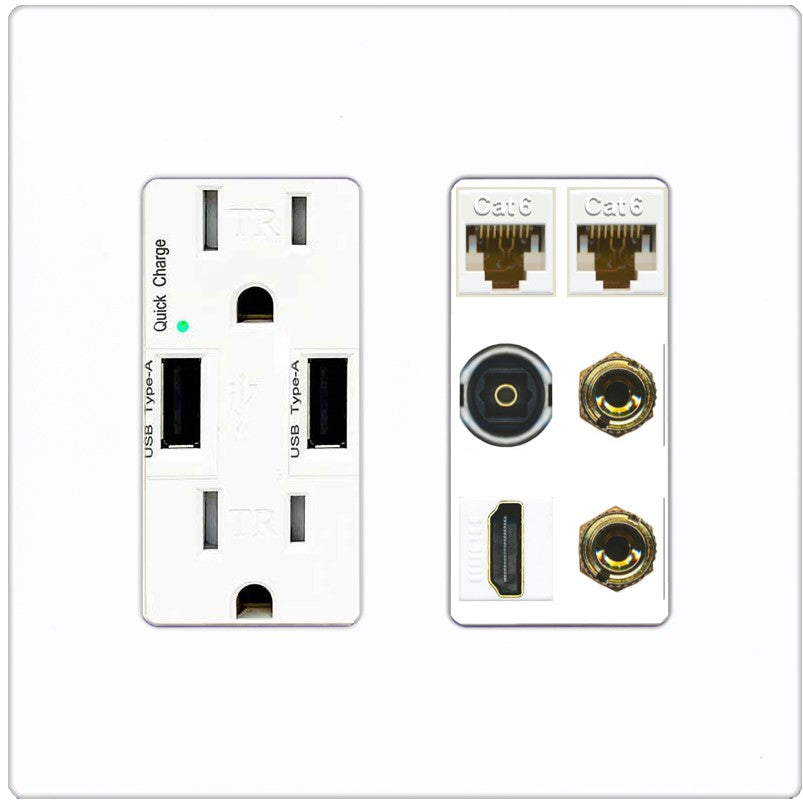 RiteAV 1 Speaker 2 Banana Binding Post Wall Plate 2 Cat6 1 x Toslink Optical and HDMI - USB Outlet [Screwless White]