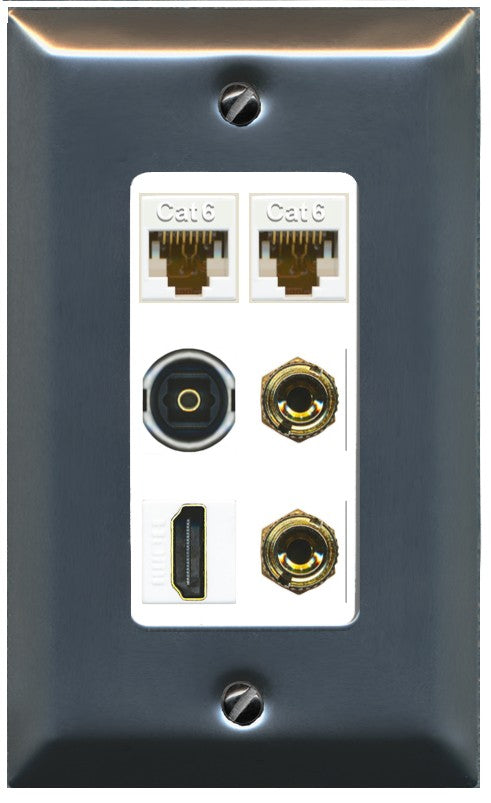 RiteAV 1 Speaker 2 Banana Binding Post Wall Plate 2 Cat6 1 x Toslink Optical and HDMI - 1 Gang Decorative [Stainless/White]