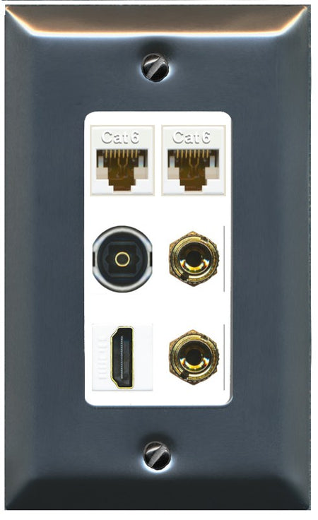 RiteAV 1 Speaker 2 Banana Binding Post Wall Plate 2 Cat6 1 x Toslink Optical and HDMI - 1 Gang Decorative [Stainless/White]