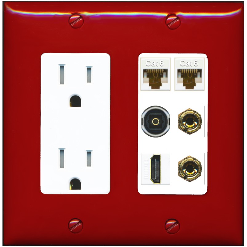 RiteAV 1 Speaker 2 Banana Binding Post Wall Plate 2 Cat6 1 x Toslink Optical and HDMI - Tamper-Resistant Outlet [Red/White]