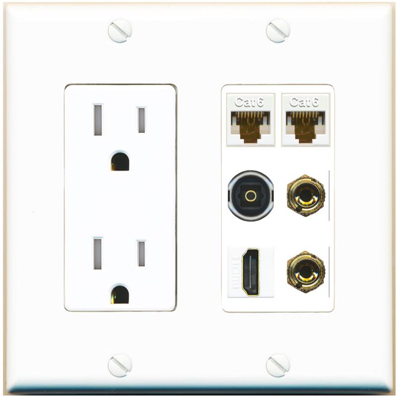 RiteAV 1 Speaker 2 Banana Binding Post Wall Plate 2 Cat6 1 x Toslink Optical and HDMI - Tamper-Res [White]