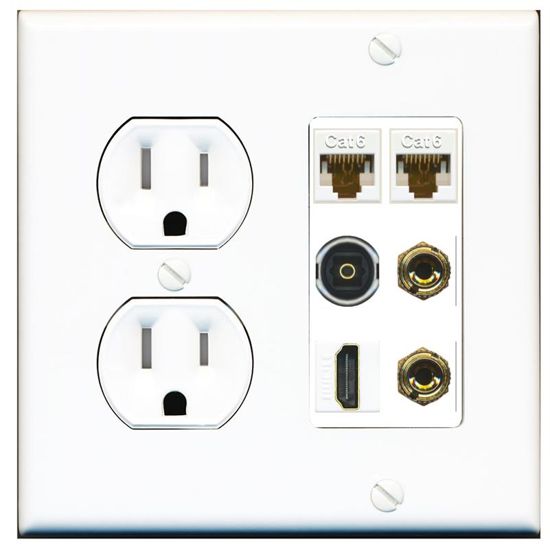 RiteAV 1 Speaker 2 Banana Binding Post Wall Plate 2 Cat6 1 x Toslink Optical and HDMI - Tamper Proof [White]