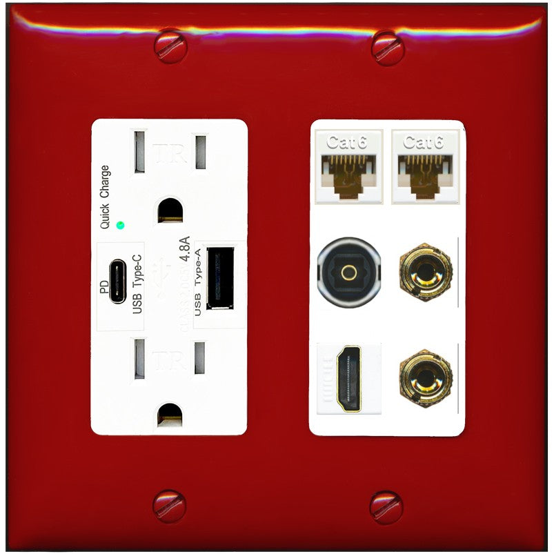 RiteAV 1 Speaker 2 Banana Binding Post Wall Plate 2 Cat6 1 x Toslink Optical and HDMI - USB A+C Outlet [Red/White]