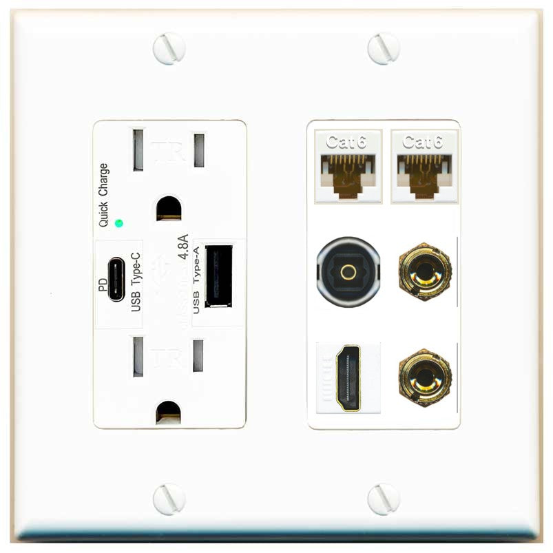 RiteAV 1 Speaker 2 Banana Binding Post Wall Plate 2 Cat6 1 x Toslink Optical and HDMI - USB A+C Outlet [White]
