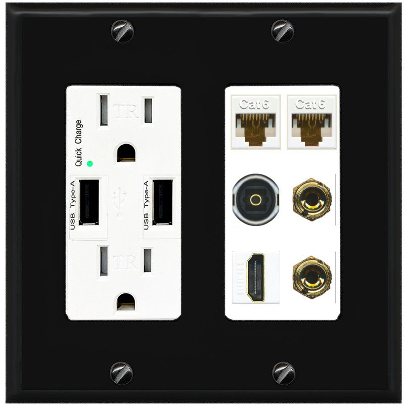 RiteAV 1 Speaker 2 Banana Binding Post Wall Plate 2 Cat6 1 x Toslink Optical and HDMI - USB Outlet [Black/White]