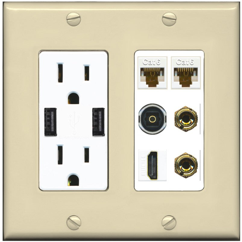 RiteAV 1 Speaker 2 Banana Binding Post Wall Plate 2 Cat6 1 x Toslink Optical and HDMI - USB Outlet [Ivory/White]