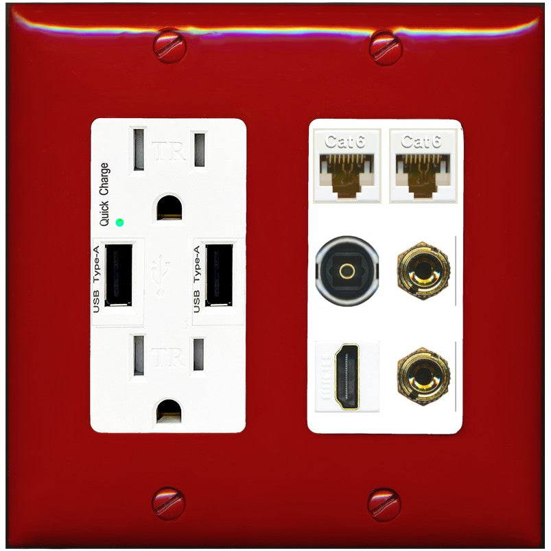RiteAV 1 Speaker 2 Banana Binding Post Wall Plate 2 Cat6 1 x Toslink Optical and HDMI - USB Outlet [Red/White]