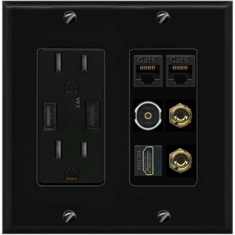 RiteAV 1 Speaker 2 Banana Binding Post Wall Plate 2 Cat6 1 x Toslink Optical and HDMI - USB Outlet [Black/Black]