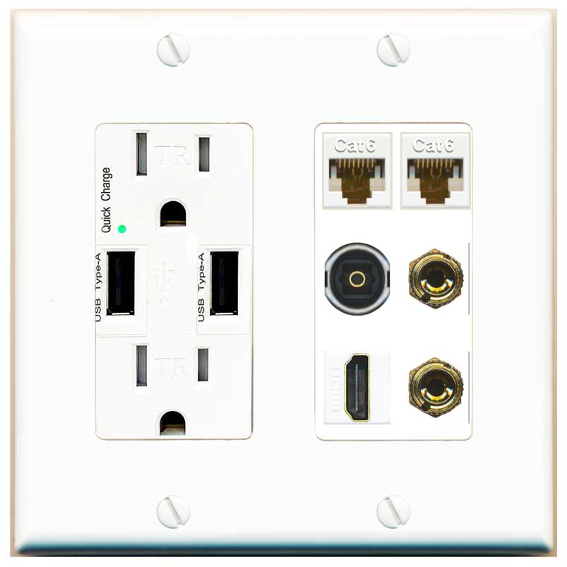 RiteAV 1 Speaker 2 Banana Binding Post Wall Plate 2 Cat6 1 x Toslink Optical and HDMI - USB Charger [White]