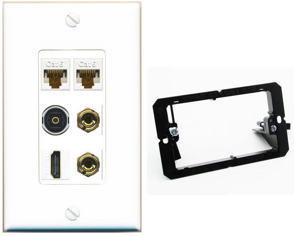 RiteAV 1 Speaker 2 Banana Binding Post Wall Plate 2 Cat6 1 x Toslink Optical and HDMI - Bracket [White]