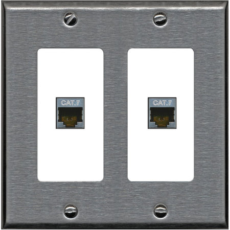 RiteAV 2 Port Cat7 Shielded Ethernet Wall Plate - 2 Gang [Stainless/White]