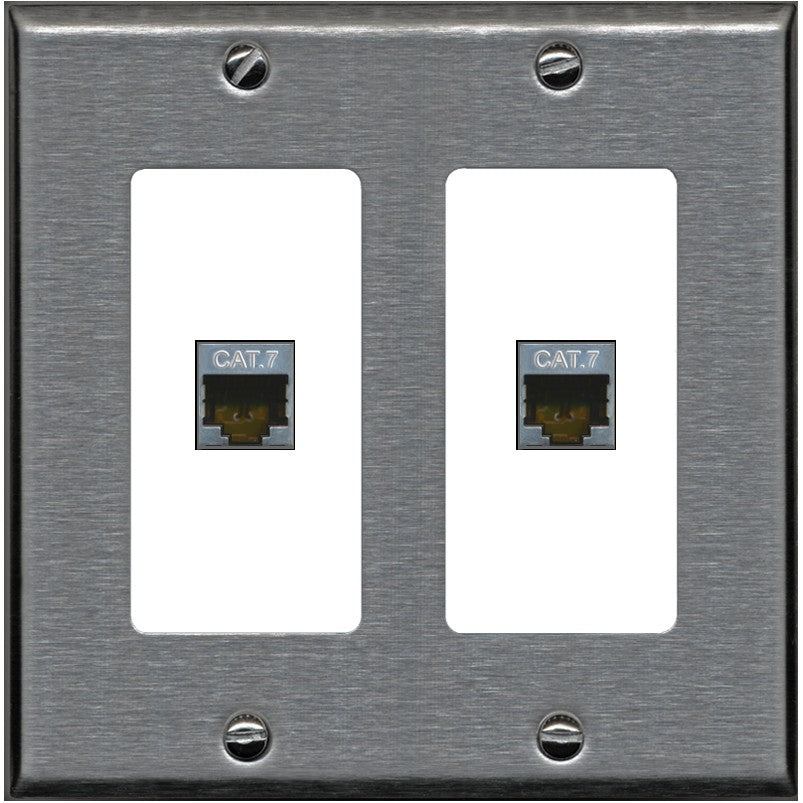 RiteAV 2 Port Cat7 Shielded Ethernet Wall Plate - 2 Gang [Stainless/White]
