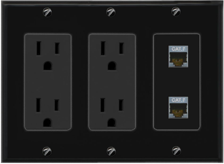 RiteAV 2 Port Cat7 Shielded Ethernet Wall Plate - 3 Gang 2 Outlet [Black/Black]