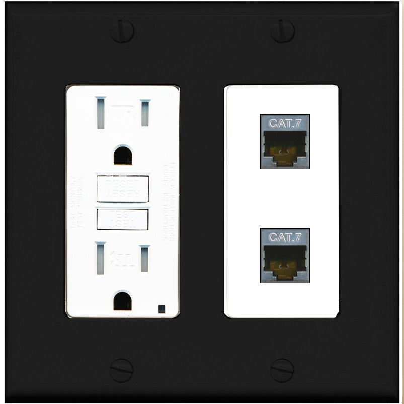 RiteAV 2 Port Cat7 Shielded Ethernet Wall Plate - GFCI Outlet [Black/White]