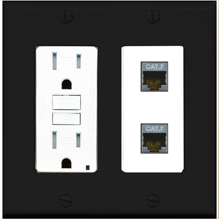 RiteAV 2 Port Cat7 Shielded Ethernet Wall Plate - GFCI Outlet [Black/White]
