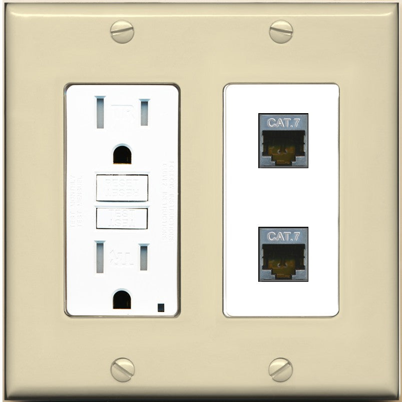RiteAV 2 Port Cat7 Shielded Ethernet Wall Plate - GFCI Outlet [Ivory/White]