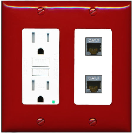 RiteAV 2 Port Cat7 Shielded Ethernet Wall Plate - GFCI Outlet [Red/White]