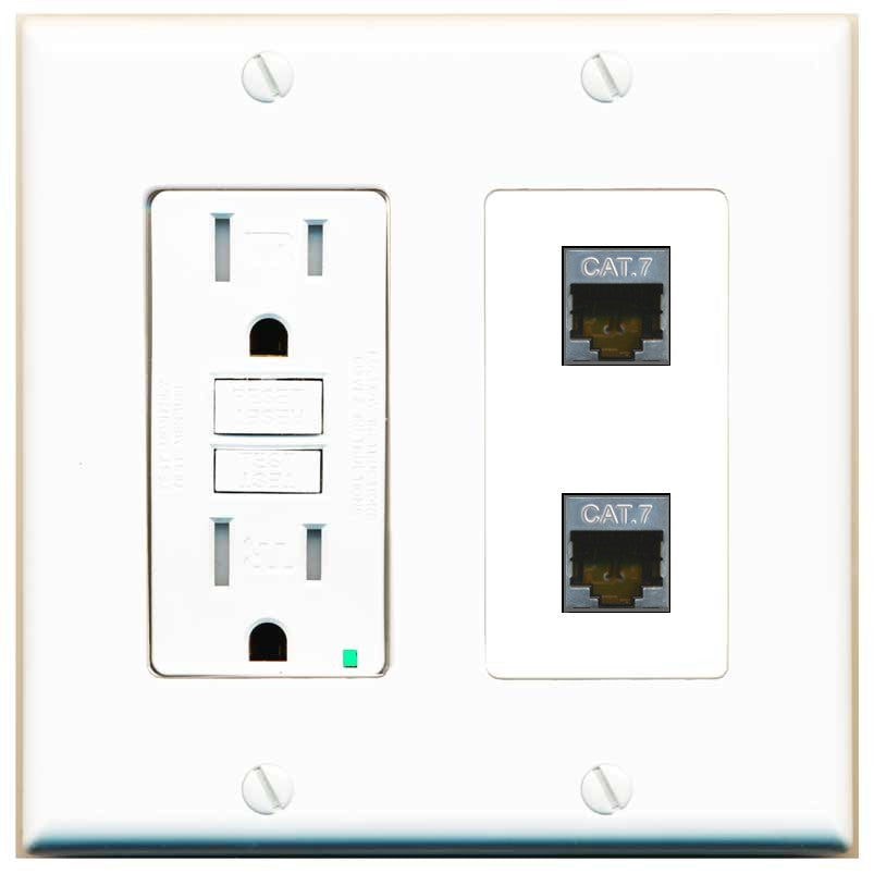 RiteAV 2 Port Cat7 Shielded Ethernet Wall Plate - GFCI Outlet [White]