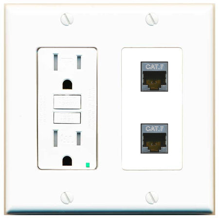 RiteAV 2 Port Cat7 Shielded Ethernet Wall Plate - GFCI Outlet [White]