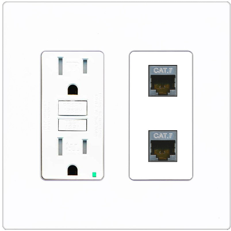 RiteAV 2 Port Cat7 Shielded Ethernet Wall Plate - GFCI Outlet [Screwless White]