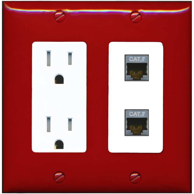 RiteAV 2 Port Cat7 Shielded Ethernet Wall Plate - Tamper-Resistant Outlet [Red/White]