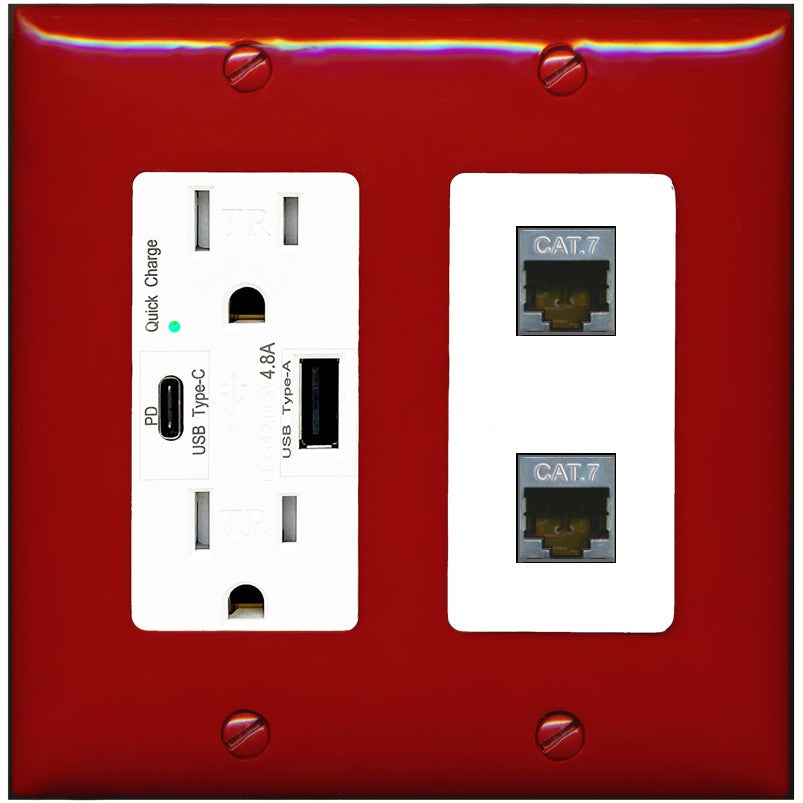 RiteAV 2 Port Cat7 Shielded Ethernet Wall Plate - USB A+C Outlet [Red/White]