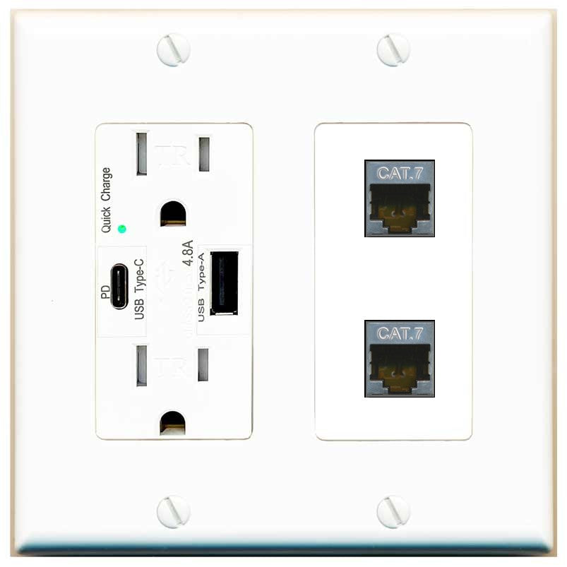 RiteAV 2 Port Cat7 Shielded Ethernet Wall Plate - USB A+C Outlet [White]