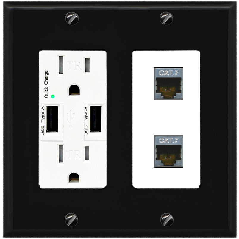 RiteAV 2 Port Cat7 Shielded Ethernet Wall Plate - USB Outlet [Black/White]