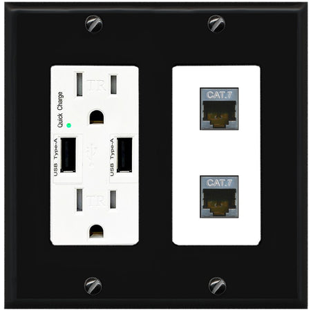 RiteAV 2 Port Cat7 Shielded Ethernet Wall Plate - USB Outlet [Black/White]