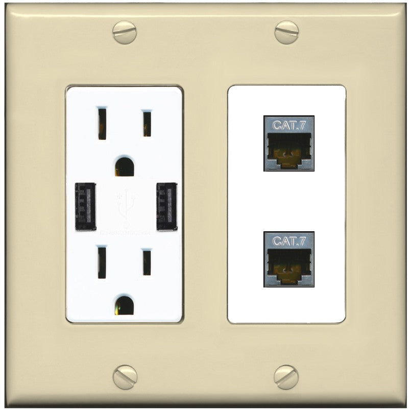 RiteAV 2 Port Cat7 Shielded Ethernet Wall Plate - USB Outlet [Ivory/White]