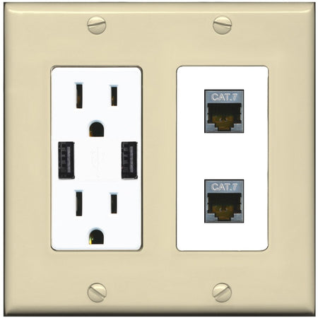 RiteAV 2 Port Cat7 Shielded Ethernet Wall Plate - USB Outlet [Ivory/White]