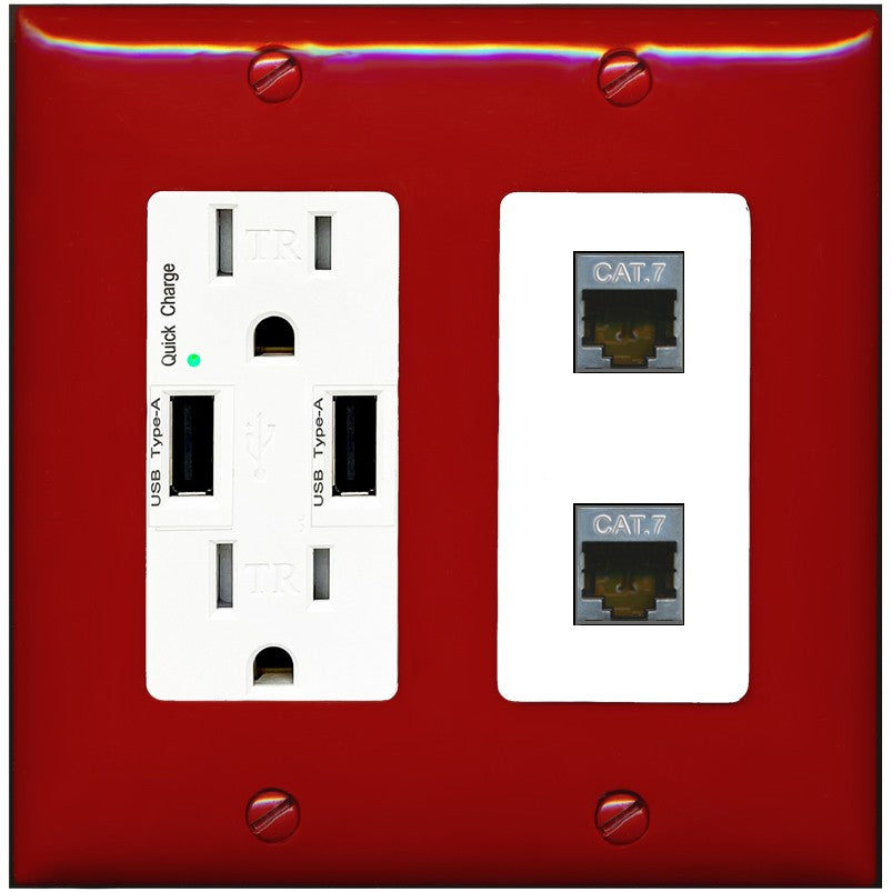 RiteAV 2 Port Cat7 Shielded Ethernet Wall Plate - USB Outlet [Red/White]