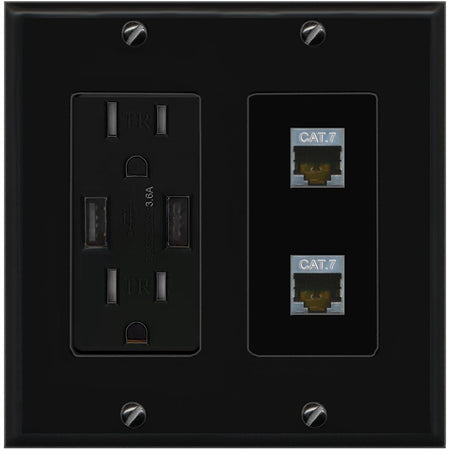 RiteAV 2 Port Cat7 Shielded Ethernet Wall Plate - USB Outlet [Black/Black]