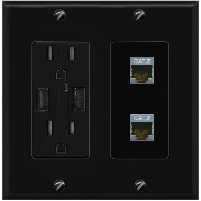 RiteAV 2 Port Cat7 Shielded Ethernet Wall Plate - USB Outlet [Black/Black]