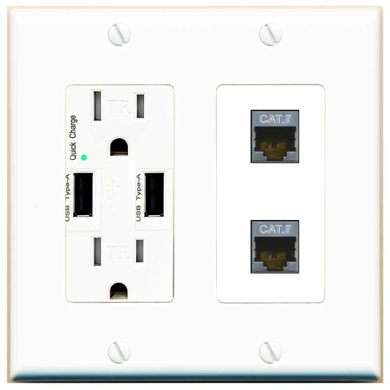 RiteAV 2 Port Cat7 Shielded Ethernet Wall Plate - USB Outlet [White]