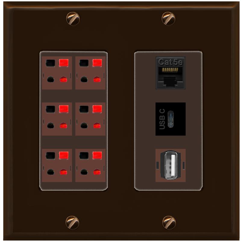 RiteAV 6 Speaker Cat5e USB USBC Wall Plate - 2 Gang [Brown/Brown]