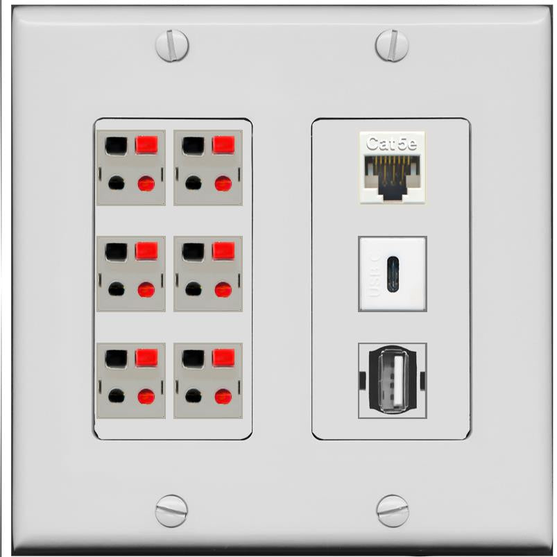 RiteAV 6 Speaker Cat5e USB USBC Wall Plate - 2 Gang [Gray/Gray]