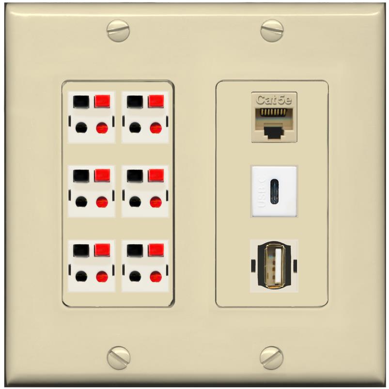 RiteAV 6 Speaker Cat5e USB USBC Wall Plate - 2 Gang [Ivory/Ivory]
