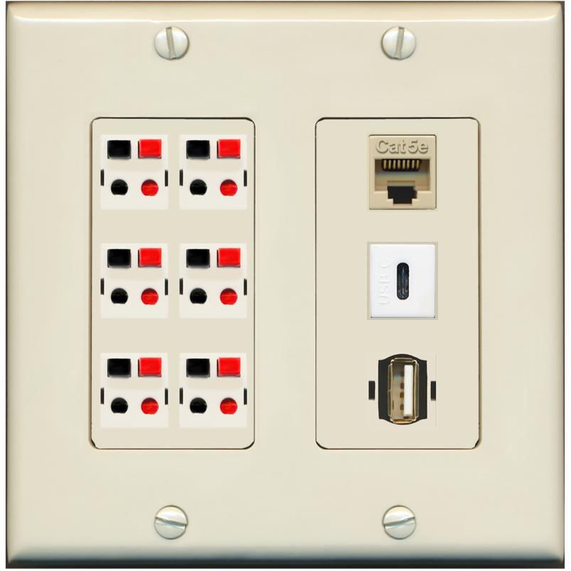 RiteAV 6 Speaker Cat5e USB USBC Wall Plate - 2 Gang [Light-Almond]